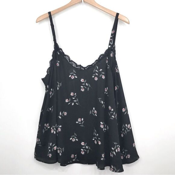 Torrid Black Floral Print Georgette Flowy Lace Trim Cami Tank Top - Picture 9 of 16